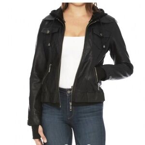 Coalition LA Vegan Leather Moto Jacket with Zip Out Hood Medium